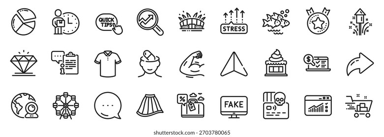 Quick Tipps, Ranking-Stern und Diamond line Icons Pack. Freigeben, Nachricht, Papierebenen-Symbole. Depressionsbehandlung, Tortendiagramm, Eiscreme-Websymbol. Vektorgrafik