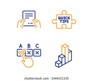 Quick tips, Receive file and Correct checkbox icons simple set. 3d chart sign. Tutorials, Hold document, Answer. Presentation column. Education set. Linear quick tips icon. Colorful design set. Vector