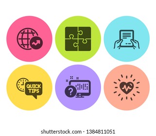 Quick tips, Receive file and Online quiz icons simple set. World statistics, Puzzle and Heartbeat signs. Helpful tricks, Hold document. Science set. Flat quick tips icon. Circle button. Vector