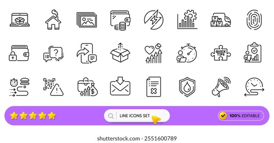 Sugerencias rápidas, Rechazar archivo e iconos de línea de signo de interrogación para el App de Web. Paquete de salario, entrega en línea, iconos de pictograma de billetera. Inicio, correo entrante, signos de gráfico de Seo. Inspeccionar, huellas dactilares. Vector