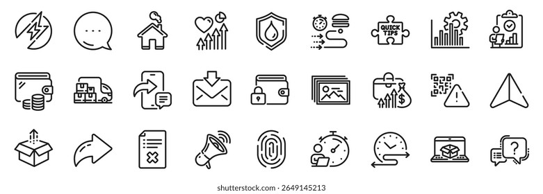 Quick tips, Reject file and Question mark line icons pack. Share, Message, Paper plane icons. Salary, Online delivery, Wallet web icon. Home, Incoming mail, Seo graph pictogram. Vector