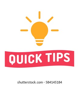 Quick tips. Ribbon with bulb icon. Flat vector illustration on white background.