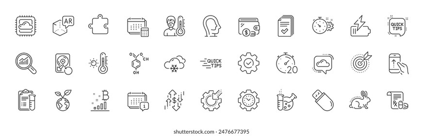 Speichern Quick tips, planet and Execute line symbols. Pack Zeitmanagement, Account, Bildung-Symbol. Augmented Reality, Snow Wetter, Timer-Piktogramm. Brieftasche, Thermometer, Handzettel. Liniensymbole. Vektorgrafik