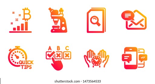 Quick tips, Search files and Safe time line icons set. Microscope, Bitcoin graph and Correct checkbox signs. New mail, Smartphone sms symbols. Helpful tricks, Magnifying glass. Education set. Vector