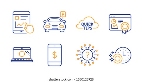 Quick tips, Seo laptop and Seo certificate line icons set. Question mark, Smartphone payment and Parking signs. Internet report, Dishwasher timer symbols. Helpful tricks, Search engine. Vector