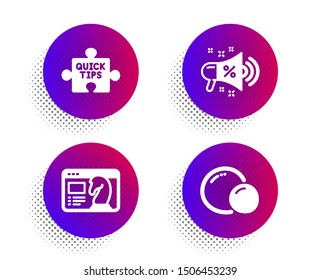 Quick tips, Seo strategy and Sale megaphone icons simple set. Halftone dots button. Peas sign. Tutorials, Chess knight, Shopping. Vegetarian seed. Business set. Classic flat quick tips icon. Vector
