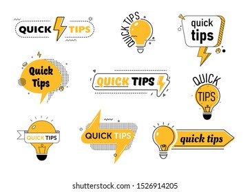 Quick Tips Set for Website or Blog Post. Helpful Tricks with Useful Information, Solution, Advice. Yellow Speech Bubble with Text Inscription and Light Bulb. Flat Vector Illustration, Line Art
