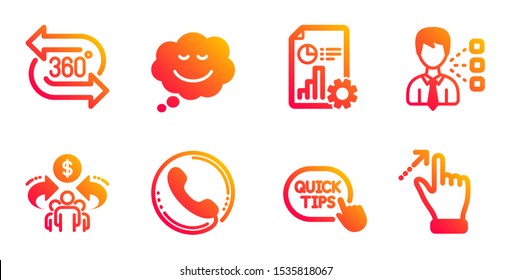 Quick tips, Sharing economy and Speech bubble line icons set. Third party, Report and Call center signs. 360 degree, Touchscreen gesture symbols. Helpful tricks, Share. Technology set. Vector