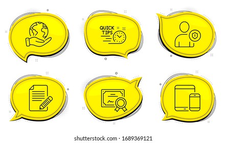 Quick tips sign. Diploma certificate, save planet chat bubbles. Article, Mobile devices and Security line icons set. Feedback, Smartphone with tablet, Person protection. Helpful tricks. Vector