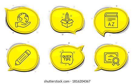 Firma de consejos rápidos. Certificado de diploma, salva las burbujas de chat del planeta. Iconos de lápiz, vocabulario y línea de inicio. Editar datos, Libro, Innovación. Trucos útiles. Conjunto de educación. Conjunto de iconos de esquema. Vector