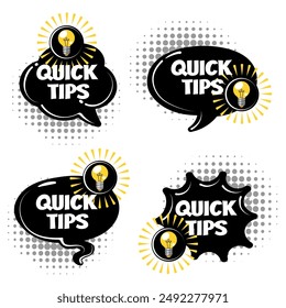 Quick tips sign set. Black banners quick tips with yellow light bulb isolated vector illustration