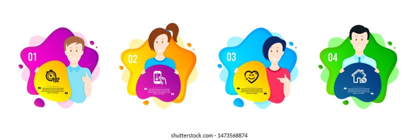 Quick tips, Smile chat and Scroll down icons simple set. People shapes timeline. Loan house sign. Helpful tricks, Heart face, Swipe phone. Discount percent. Technology set. Dynamic shape offer. Vector