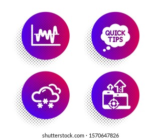 Quick tips, Snow weather and Stock analysis icons simple set. Halftone dots button. Seo devices sign. Helpful tricks, Snowflake, Business trade. Mobile stats. Science set. Vector