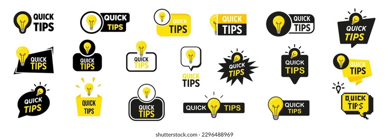 Quick tips sticker set. Quick tips badge with lamp.