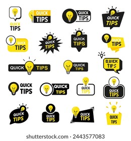 Quick tips sticker set. Quick tips badge with lamp.