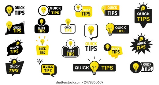 Quick tips sticker set. Quick tips badge with lamp. Vector illustration.