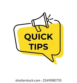 Quick tips symbol. Megaphone yellow vector banner. Education faq sign. Best help assistance. Thought speech bubble with quotes. Top tips chat think megaphone message. Vector