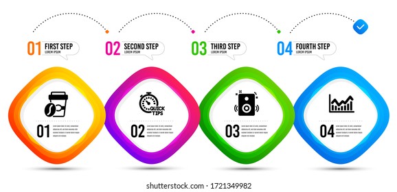 Consejos rápidos, Tomar café y Altavoces iconos conjunto simple. Infografía de la línea de tiempo. Signo Infochart. Trucos útiles, judía tostada, sonido. Bolsa. Conjunto de negocios. Vector