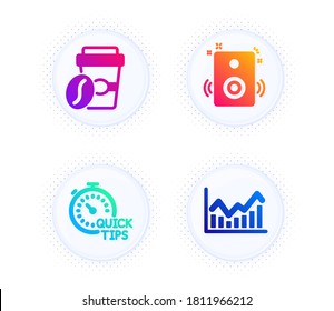 Schnelle Tipps, Takeaway Kaffee und Speakers Symbole einfache Set. Taste mit halftonischen Punkten. Infochart Schild. Hilfreiche Tricks, geröstete Bohne, Sound. Börse. Business Set. Vektorgrafik