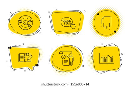 Quick tips, Targeting and Money diagram signs. Chat bubbles. Recovery file, Manual doc and Engineering documentation line icons set. Backup document, Project info, Manual. Helpful tricks. Vector