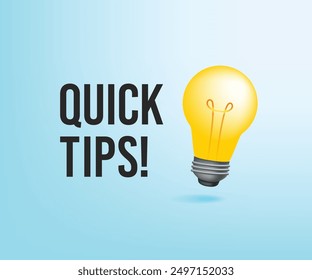 Quick Tips Text mit Glühbirne symbolisiert neue Ideen. Wie man bannert. Idee. Vektorgrafik der Glühbirne. Quick-Tipps-Button.