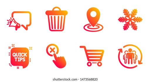 Quick tips, Trash bin and Market sale line icons set. Snowflake, Megaphone and Reject click signs. Location, Teamwork symbols. Helpful tricks, Garbage. Technology set. Vector