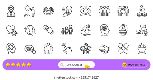 Consejos rápidos, Vacantes y Rotación iconos de línea de gestos para el App de Web. Paquete de iconos de pictogramas de escuadrón, cursor, trabajo en casa. Ansiedad, Economía colaborativa, Signos de amistad. Grupo, Jerarquía empresarial. Vector