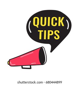 Quick tips. Vector hand drawn megaphone and speech bubble icon, illustration on white background.