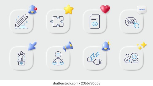 Quick tips, Video conference and View document line icons. Buttons with 3d bell, chat speech, cursor. Pack of Brand contract, Ethics, Winner podium icon. Electricity plug, Puzzle pictogram. Vector