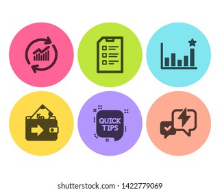 Quick tips, Wallet and Efficacy icons simple set. Update data, Checklist and Lightning bolt signs. Helpful tricks, Money payment. Education set. Flat quick tips icon. Circle button. Vector