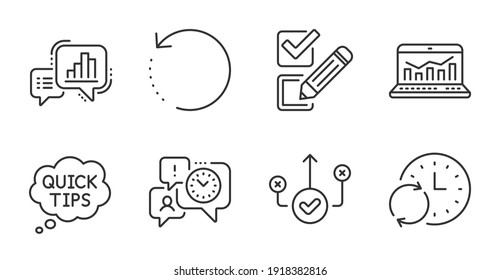 Consejos rápidos, análisis Web e iconos de línea de administración de tiempo. Datos de recuperación, tiempo de actualización y signos de la casilla de verificación. Gráfica, símbolos de la forma correcta. Trucos útiles, estadísticas, chat de oficina. Vector