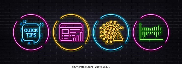 Quick tips, Web report and Covid virus minimal line icons. Neon laser 3d lights. Column diagram icons. For web, application, printing. Helpful tricks, Graph chart, Coronavirus alert. Vector