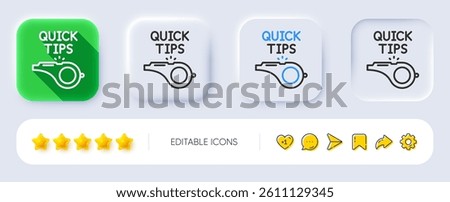 Quick tips whistle line icon. Neumorphic, Flat shadow, 3d buttons. Helpful tricks sign. Line tutorials icon. Social media icons. Vector