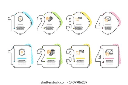 Quick tips, World money and Medical shield icons simple set. Computer mouse sign. Helpful tricks, Global markets, Medicine protection. Pc component. Science set. Infographic timeline. Vector