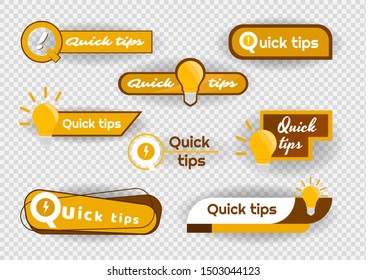 Quick tips. Yellow lightbulb icon with quicks tip text. Helpful tricks logos, emblems and banners vector set isolated on transparent background. Vector illustration