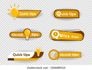 Quick tips. Yellow lightbulb icon with quicks tip text. Helpful tricks logos, emblems and banners vector set isolated on transparent background. Vector illustration