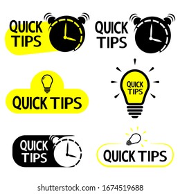 Quick tips. Yellow lightbulb icon with quicks tip text. Helpful idea, solution and trick illustration. Quick tips sign. Abstract banners with useful information, idea or advice with light bulb. Vector