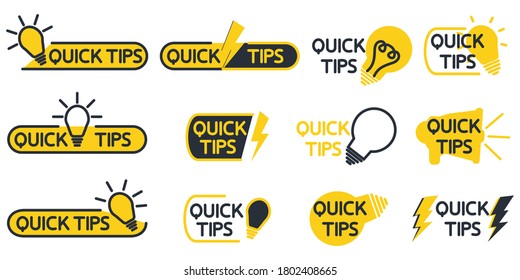 Quick tips. Yellow lightbulb icon with quicks tip text. Helpful idea, solution and trick illustration. Logo quick tips. Abstract banners with useful information, idea or advice with light bulb. Vector