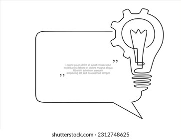 Quick tips.Continuous one line drawing of Lightbulb with cogwheel and speech bubble. Trendy line art vector on a white background. Vector illustration.