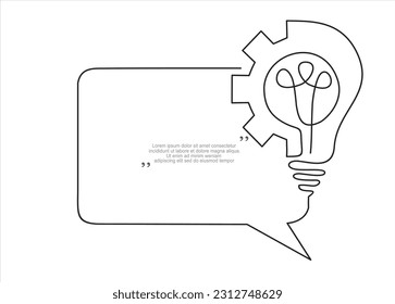 Quick tips.Continuous one line drawing of Lightbulb with cogwheel and speech bubble. Trendy line art vector on a white background. Vector illustration.