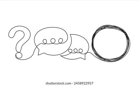 Quick tips.Continuous one line drawing of question mark clock and speech bubble. Trendy line art vector on a white background. Vector illustration.	