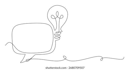 Dicas rápidas.Desenho contínuo de uma linha de lâmpada e balão de fala. Vetor de arte de linha da moda em um fundo branco. Traçado editável