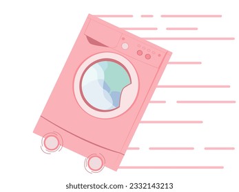 Quick wash setting. Illustration of pink washing machine riding fast on white background