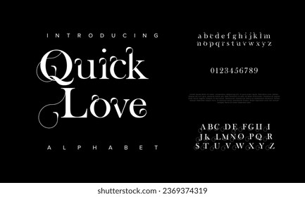 Quicklove premium luxury elegant alphabet letters and numbers. Elegant wedding typography classic serif font decorative vintage retro. Creative vector illustration