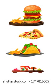 Quickly prepared and served fast food. Burger and french fries on wooden tray, pizza slice, tacos with fried potato on grey plate, Japanese sushi and roll kit. Restaurant, bistro menu icon design