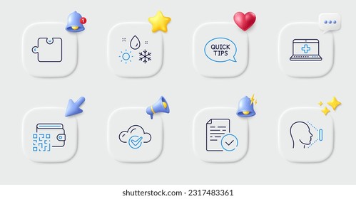 Quickstart guide, Compliance and Cloud computing line icons. Buttons with 3d bell, chat speech, cursor. Pack of Face id, Medical help, Qr code icon. Weather, Puzzle pictogram. Vector