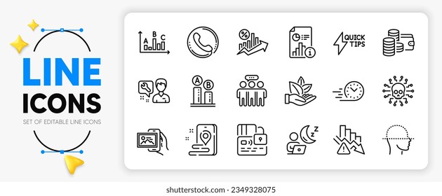 Quickstart guide, Deflation and Card line icons set for app include Call center, Face scanning, Employees group outline thin icon. Image album, Survey results, Place pictogram icon. Vector