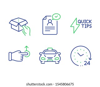 Quickstart guide, Drag drop and Resume document line icons set. Taxi, Hold box and 24 hours signs. Lightning symbol, Move, Application. Public transportation. Technology set. Vector