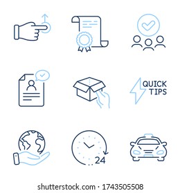 Quickstart guide, Drag drop and Resume document line icons set. Diploma certificate, save planet, group of people. Taxi, Hold box and 24 hours signs. Lightning symbol, Move, Application. Vector