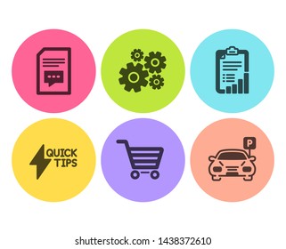 Quickstart guide, Market sale and Checklist icons simple set. Cogwheel, Comments and Parking signs. Lightning symbol, Customer buying. Technology set. Flat quickstart guide icon. Circle button. Vector